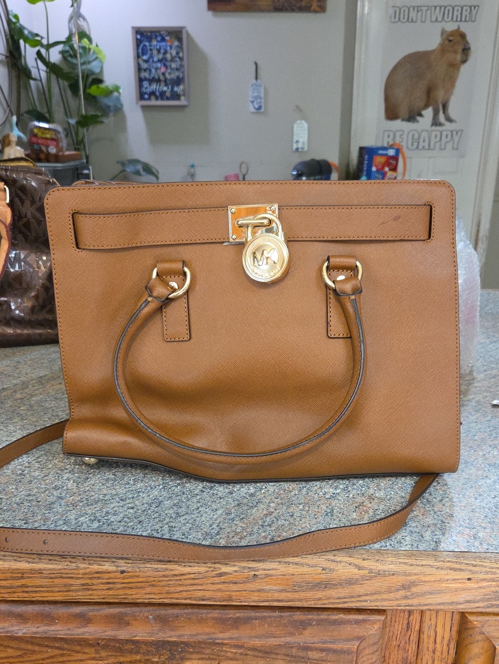 Michael Kors Brown Leather Satchel with Gold Tone Hardware
